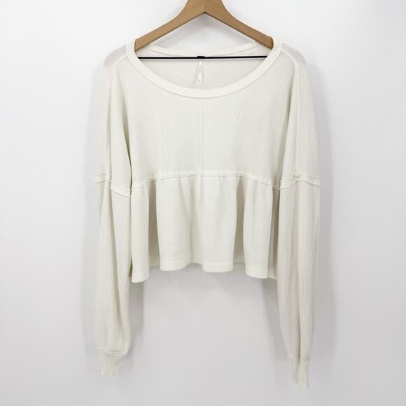 Free People Tops - Free People Peplum Waffle Crop Top White Long Sleeve Thermal Oversized Slouchy M
